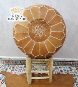 White Stitching Leather <b>Pouf</b> Ottoman Moroccan Leather - Product Image 1