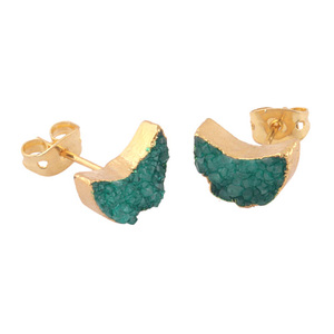 <b>Charming</b> Half <b>Moon</b> Shape Earring Studs Genuine Glitter Green Sugar Druzy Ear Post Studs Brass 18k Gold Plated Casual Wear Studs - Product Image 3