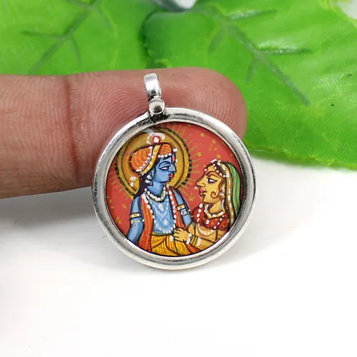 Most Elegant Collection God Radha Krishna Pendant Solid 925 Sterling Silver Jewelry Handmade Painting Pendant Art Frame Pendant