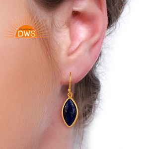 Elegantes Pendientes de Plata con Forma de Marquesa y Piedra Preciosa de Lapislázuli Azul, Pendientes Chapados en Oro, Pendientes de Gancho de Plata Hechos a Mano por Diseñadores - Product Image 4