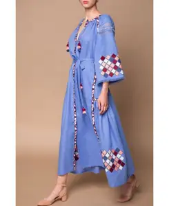 Adult Designer Free Size Ukrainian Embroidery Dress Neck Long Sleeve Women Party Casual Dresses