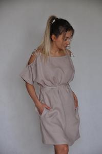 Vestido formal de lino transpirable hasta la rodilla con hombros descubiertos, mangas con hombros descubiertos, corte regular, cintura natural, color liso, para verano - Product Image 5