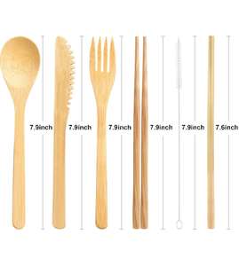Biodegradable <b>Bamboo</b> Cutlery Travel Set With Bag, <b>Bamboo</b> Spoon Fork Knife Drinking <b>Straw</b> Clean Brush Chopsticks Set Handicraft - Product Image 2