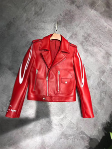 <b>Red</b> Pu Leather Moto <b>Jacket</b> Men Slim Fit Zipper Closure Turn-down Collar Short Length With White Letter Print On Sleeve - Product Image 3