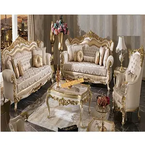 Conjunto de sofás tallados de oro real para sala de estar, conjunto de sofás tallados de diseño Imperial, diseño antiguo dorado