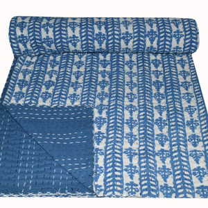 ดอกไม้ Hand Block พิมพ์ผ้าคลุมเตียง2 Layered Kantha Quilt อินเดีย Spread - Product Image 1