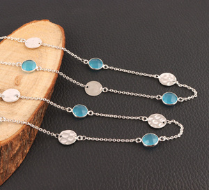 Collar de cadena con colgante de plata de ley de Calcedonia azul cielo para mujer, Gargantilla, zirconia, circonita, zirconita, zirconita, redonda, 8mm - Product Image 4