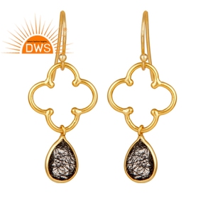 Pendientes de piedras preciosas de color negro, joyería con diseño de flores al por mayor, chapado en oro de 18k, aretes colgantes de plata india, proveedor - Product Image 1