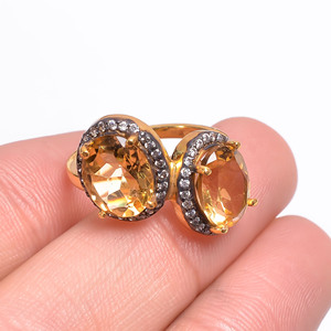 Alluring 925 Sterling Silver Dual Oval Bridal <b>Ring</b> Natural Citrine White Zircon Gemstones Diamond Setting <b>For</b> Weddings Parties - Product Image 3