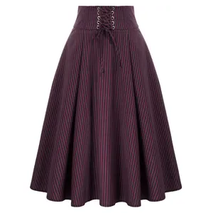 OEM Women High Waist Wide Waistband Flared A-Line Skirt Vintage Stripes Ladies Long Skirts