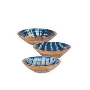 Bols en bois 100% naturel, 3 pièces, avec imprimé en émail bleu pour la table à manger et la cuisine à domicile, meilleur prix - Product Image 1
