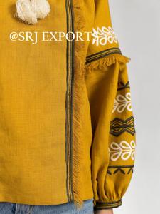 Nouveau Style ukrainien col ovale chemise haut couleur moutarde audacieux brodé ballon manches dentelle Boho Chic Blouse hauts pour les femmes - Product Image 4