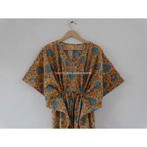 Wholesale 100% Cotton Boho-style Kaftan <b>Tunic</b> <b>Dress</b> Indian Yellow Hand Block Print Loose Maternity Wear Soft Lace Natural - Product Image 5