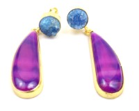 Ensemble de boucles d'oreilles clous en argent sterling plaqué or avec agate violette, druzy bleu et perle d'eau douce, serti clos, fait main, double