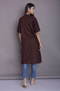 Vestido de lino con cuello joya y media manga, de tela crepé color granate, con bolsillo, diseño de última tendencia, a la moda, novedad 2026 - Product Image 3