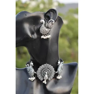 latest fashion traditional designer Indian stylish silver look alike stone beads peacock choker necklace for women's and girls