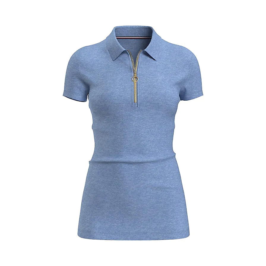 New Customized Women Best Material Light Blue Zipper Polo Shirt