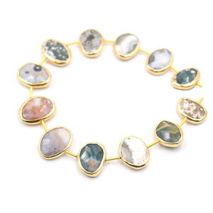 Jaspe 14 a 16 MM Forma ovalada Bisel plateado Chapado en oro Centro perforado 12 Cuentas Strand - Product Image 1