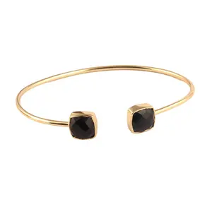 Prix abordable bijoux à facettes noir onyx double pierre bracelet réglable plaqué or manchette ouverte bracelet bracelet cadeau bijoux - Product Image 1