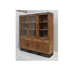 Latest Design Solid Wood Iron Base and Glass Panel Living Room Cabinet Furniture with Drawers and Doors Storage Cabinet