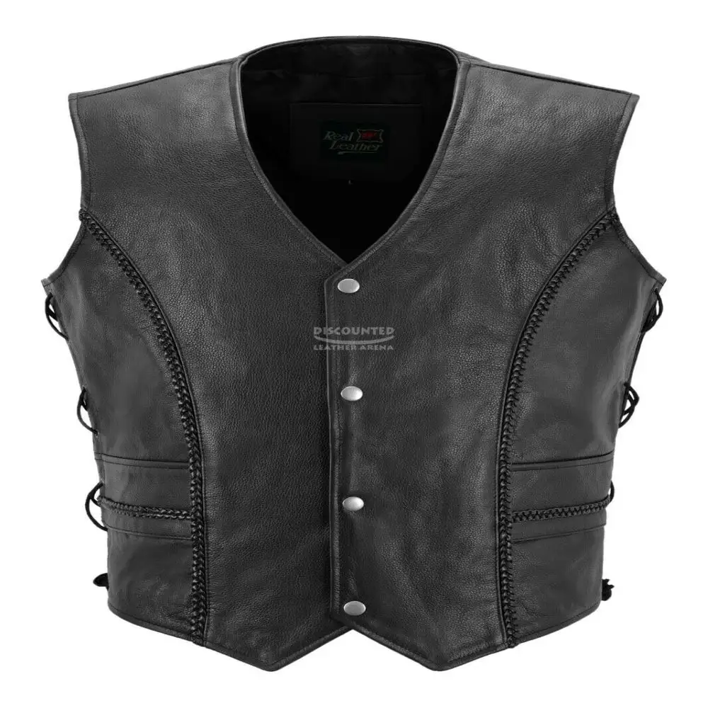 Mannen Fietsers Vest Echt Leer Gevlochten Black Side Laced Cruiser Vest Met Top Kwaliteit Materiaal En Aangepaste Grootte