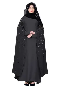 Women's Metallic Grey Color Nida + Chiffon Abaya Burka with Pearl Work and Hijab Scarf