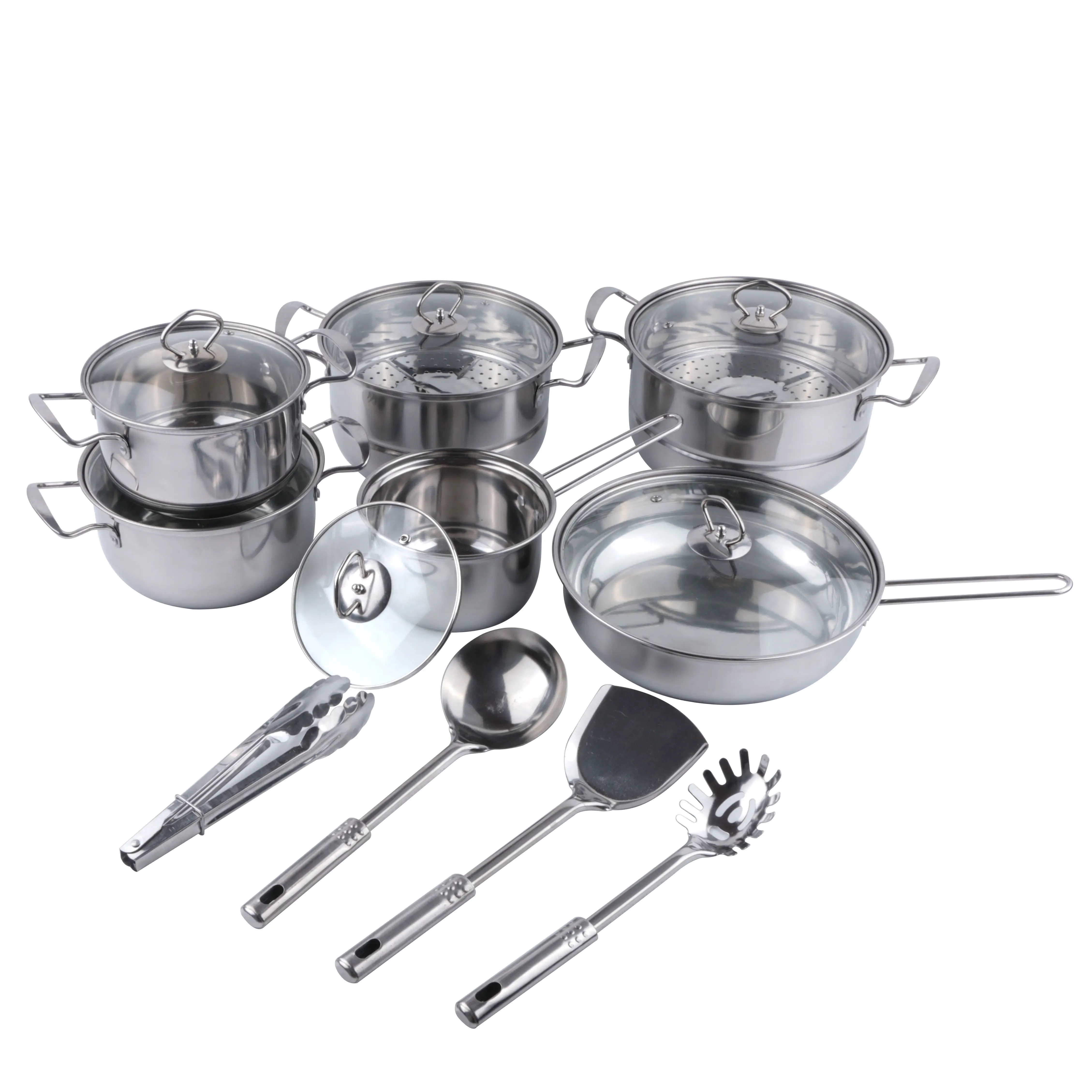 Set Peralatan Masak Dapur, Panci & Panci Dapur Stainless Steel 18 Buah dengan Penutup Kaca, Set Alat Masak
