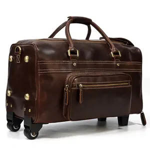 Genuine Leather Luggage Bag Wheels Duffle Bag Trolley Case Hand Luggage With Rolls Men Women Trolley Case Flights MBF-0018