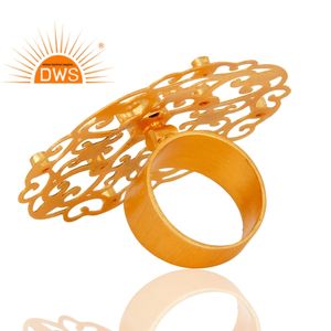 Filigree Flower Design 18k Gold Plated Brass Fashion Cocktail Ring Blue Aventurine Zircon Gemstone Ring Jewelry Supplier - Product Image 3