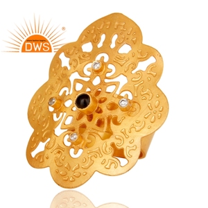 Filigree Design Statement Ring Fashion Jewelry Manufacturer Indian 18k <b>Gold</b> Plated Brass Smoky Quartz Gemstone Jewelry Supplier - Product Image 2