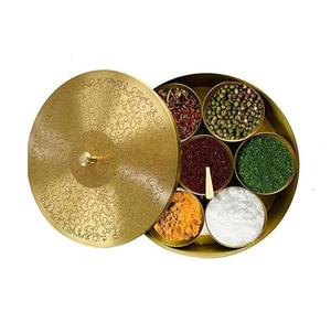 Brass Gold Plated <b>Masala</b> <b>Box</b> <b>Dabba</b> <b>Spice</b> Container With Embossed Lid 7 Compartments <b>Masala</b> <b>Dabba</b> At Best Prices - Product Image 4