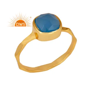 Blue Chalcedony Gemstone Ring 18 Karat Yellow Gold Plated New Fashion Silver Girls Ring Jewelry Manufacturer