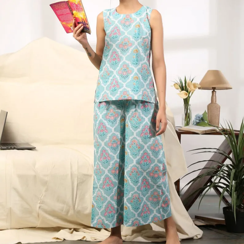 パジャマセットフラワーデザインパジャマドレスインディアンハンドブロックノースリーブ女性スリープトップスプラスサイズ通気性刺繍