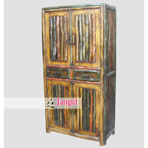 Armoire vintage en bois massif de style rustique avec des lignes verticales, en lin, fabriquée à la main, à bas prix, 4 portes et 2 tiroirs, meubles indiens pour la maison - Product Image 3