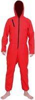 Combinaison formelle en denim rouge respirant avec broderie, perles et pompons, fermeture éclair