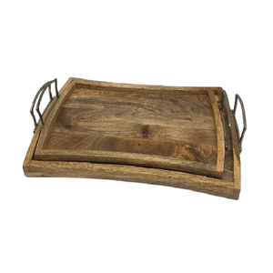 Juego de dos bandejas rectangulares para servir comida, bandeja de madera para servir té y café con asas de metal en venta - Product Image 4