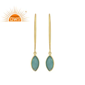 Boucles d'oreilles pendantes en argent sterling 925 plaqué or, forme bonbon brillant, calcédoine aqua, tendance, cadeau de mariage ou de fête - Product Image 1
