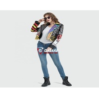 Vestes de moto en cuir taille haute pour femme, vêtements de rue, court et Slim, Graffiti, hiver