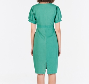 Green O-Neck Short Sleeve Knee-Length Linen <b>Dress</b> with <b>Pockets</b> Casual Loose Fit Formal Solid Summer Wear - Product Image 3
