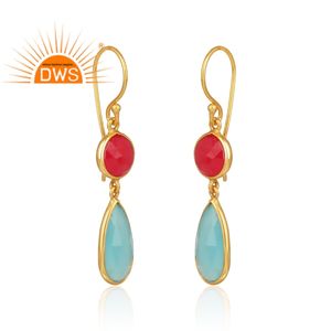 Boucles d'oreilles pendantes artisanales en argent sterling, pierres précieuses de calcédoine aqua et rose, fournisseur de bijoux - Product Image 2