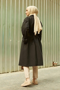 เสื้อเทรนช์โค้ทสำหรับผู้หญิงมีกระดุมและเข็มขัดแขนบอลลูนผ้าถักทอสไตล์สตรีท - Product Image 2