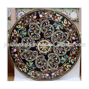 Pietre Dura Black <b>Marble</b> Stone Inlaid Antique Dining Table <b>Top</b> - Product Image 1