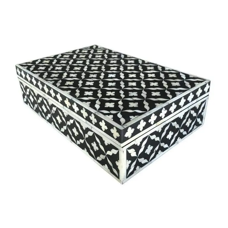 Handmade Black Flower Pattern Bone Inlay Jewellery Vanity Box