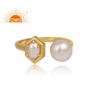 Anillo abierto de Plata de Ley 925 con dos dedos, anillo abierto hecho a mano con perlas blancas naturales y gemas - Product Image 2