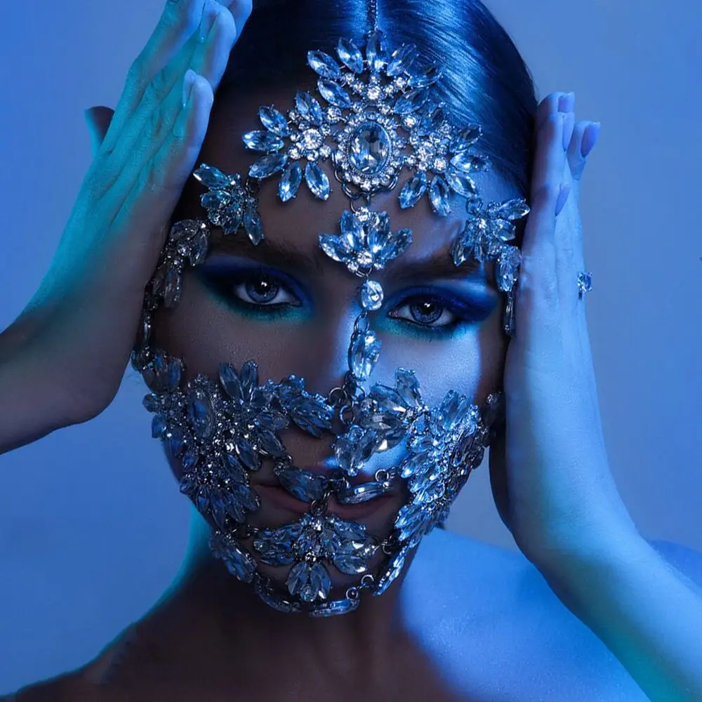 Rhinestone Face Party Mask for Women Bling Custom Designer Masquerade Dance Jewelry Masks Leaf Crystal Luxury Fashion Halloween