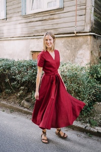 Beautiful Burgundy Linen <b>Bridesmaids</b> Wrap <b>Dress</b> With Wide Skirt & Short Sleeve Perfect Wedding <b>Dress</b> For Pretty Ladies In Summer - Product Image 3