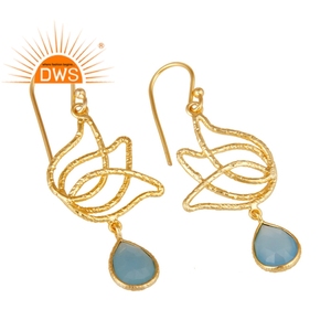 Pendientes de piedras preciosas de Calcedonia azul, joyería de plata de Jaipur con forma de flor de loto, aretes chapados en oro y plata 925, venta al por mayor - Product Image 2