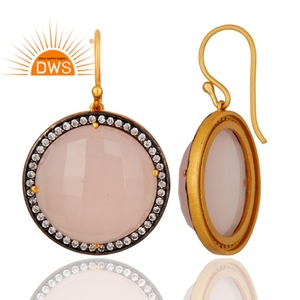 Nuevos Aretes de Moda Chapados en Oro de 18k, Joyería de Plata de Ley al por Mayor, Aretes Redondos con Calcedonia Rosa, Proveedor de Joyería - Product Image 3