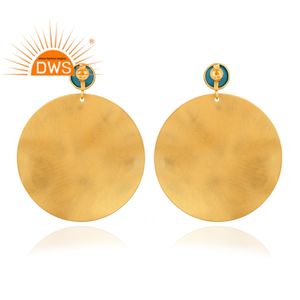 Gran disco gota turquesa piedra preciosa pendiente 22K chapado en oro mujer pendiente diseñador de moda 925 pendiente de plata - Product Image 3