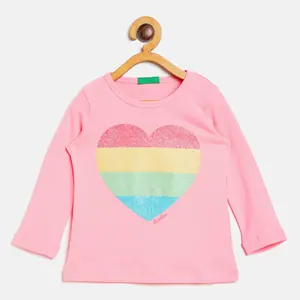 Abendessen bequeme Fabrik preis rosa Farbe Kinder Langarm T-Shirt für Mädchen Kinder Kleidung mit Glitzer-Druck Großhandel